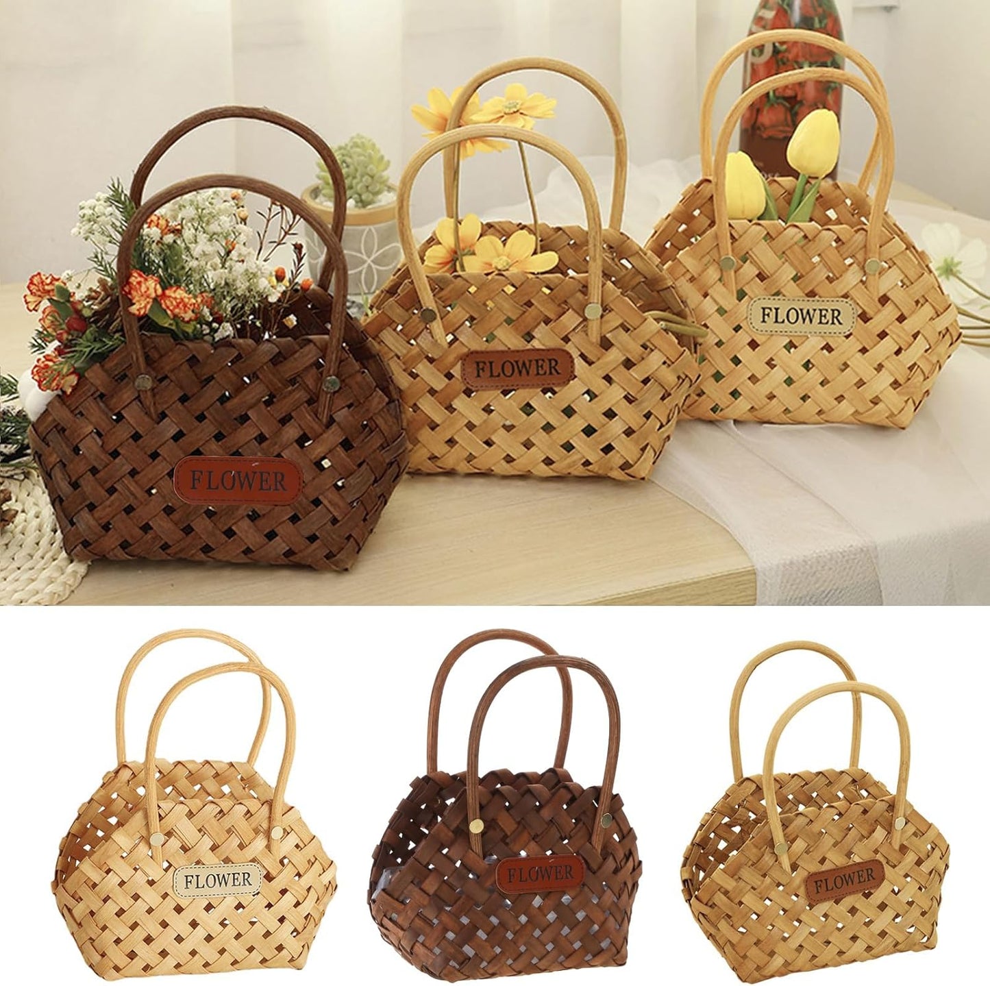 Woven Wood Flower Basket Hand-Held Flower Arrangement Basket Hand-Woven Flower Pot Wedding Flower Girl Baskets for Home