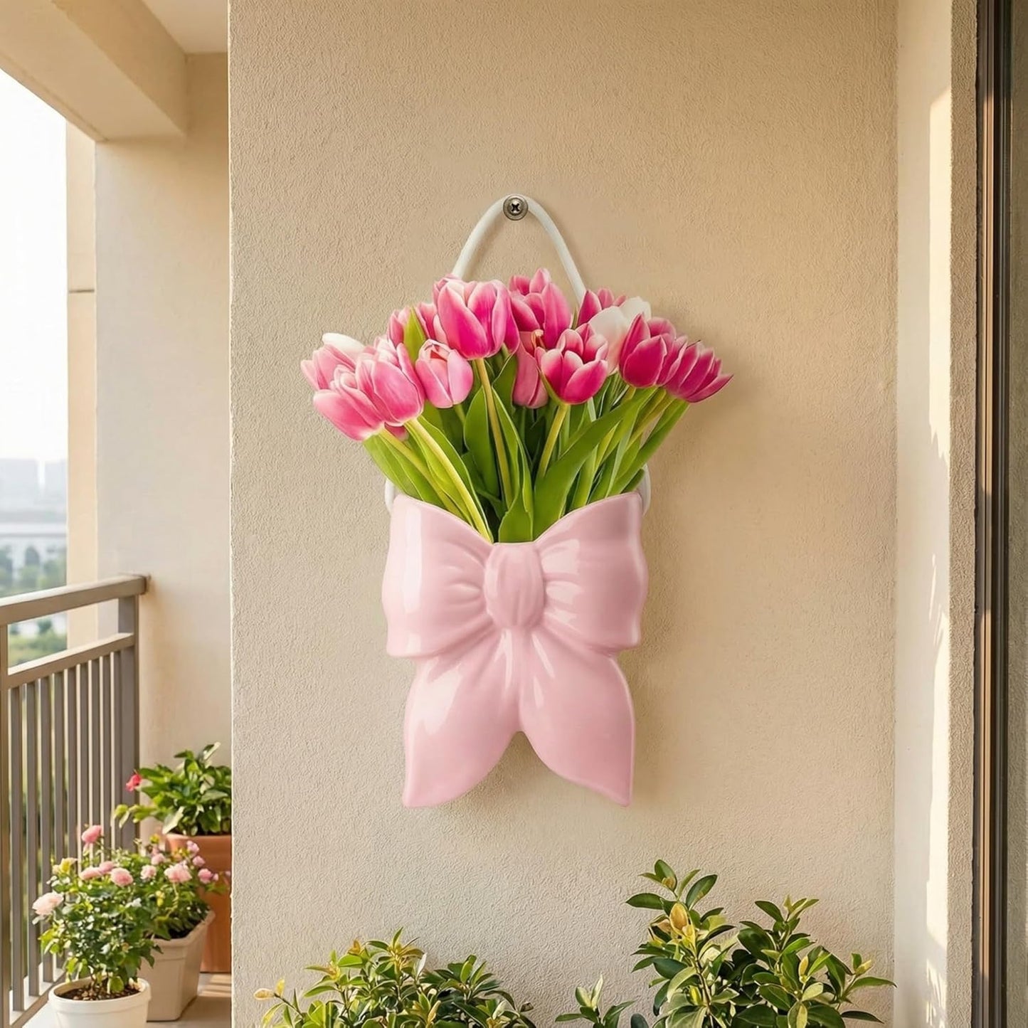 Bohemian Wall Planter Ceramic Wall Vases for Flowers Bow Hanging Vase Flower Pot Coquette Room Decor Boho Planters for Indoor Plants Living Room Home Bedroom Indoor Outdoor(Pink)