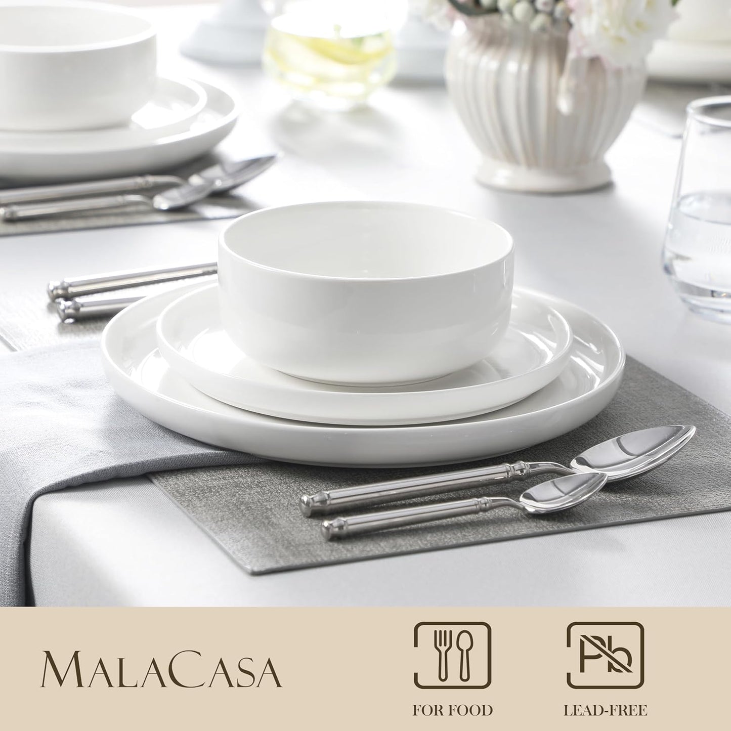 MALACASA Plates and Bowls Sets, 12 Pieces Porcelain Dinnerware Sets Di