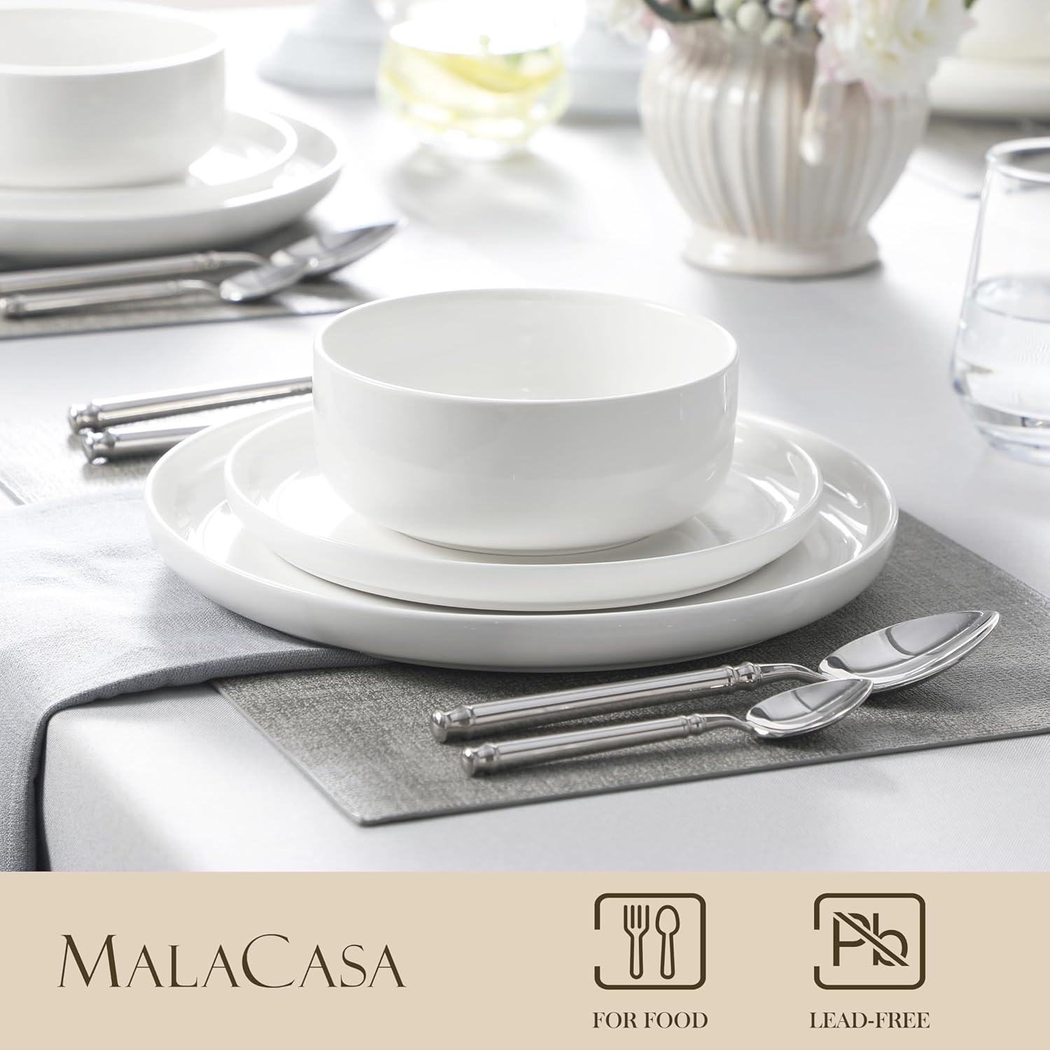 MALACASA Plates and Bowls Sets, 12 Pieces Porcelain Dinnerware Sets Di