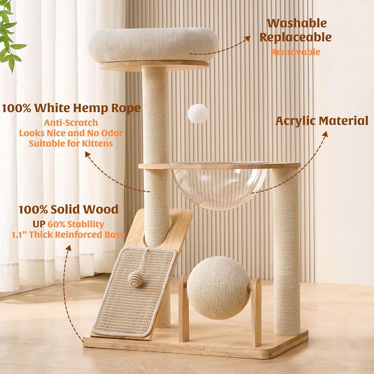 HITTITE Solid Wood Cat Tree Tower with Scratching Post, 37.8 Inches Ta