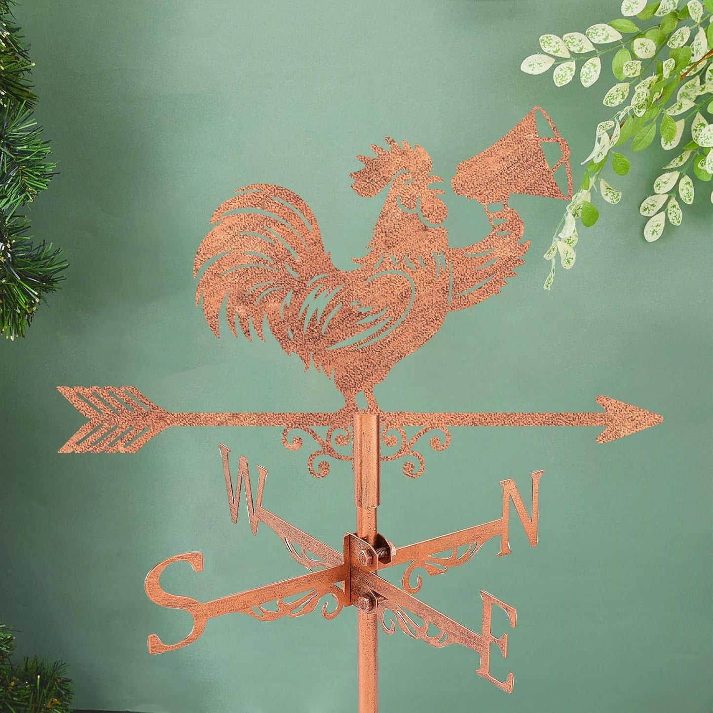 SUPERDANT Rooster Trumpet Weather Vane Animal Wind Vanes for Yard Metal Weathervane Roof Mount for Gardens Outside Reddish Copper Weathervanes Farmhouse Farm Barn Sheds Patio Decorations