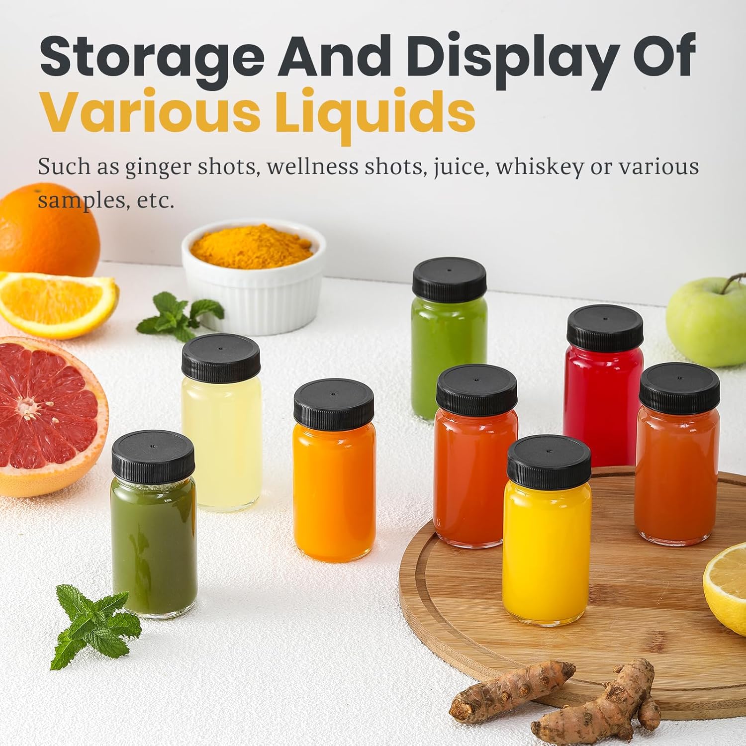 LANDNEOO 15 Pack 2 oz Glass Shot Mini Bottles w/Black Lids & 15 Labels