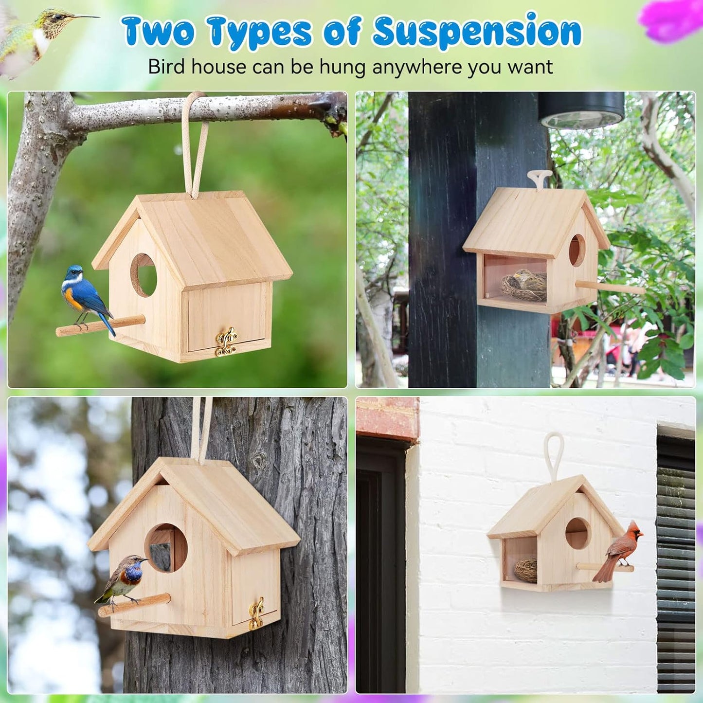 Bird Houses for Outside Clearance with Pole, Wood Birdhouse Blue Bird House Birdhouses for Outdoors Hanging Garden Patio Decorative for Swallow Sparrow Hummingbird Finch Throstle