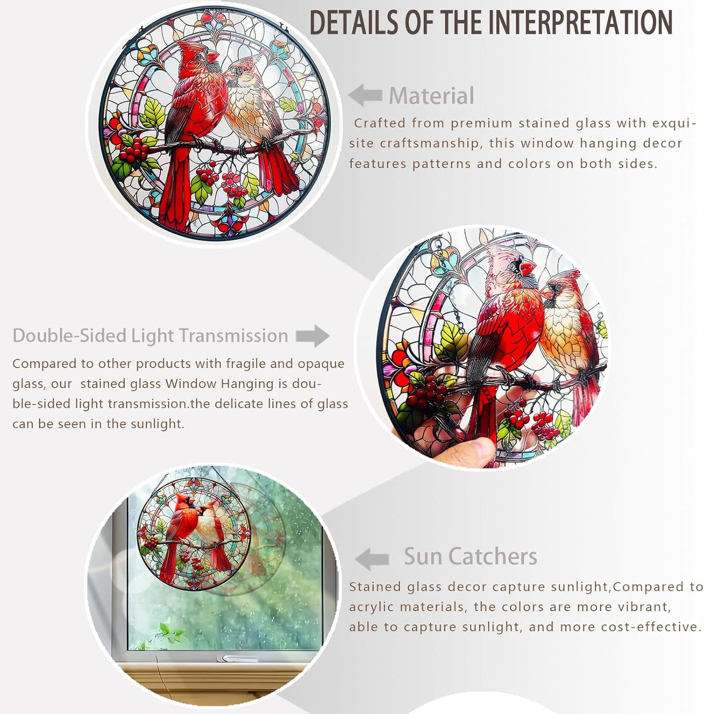 RIVEENY Cardinal Stained Glass Suncatchers for Windows Hanging,Couple Red Love Birds Sun Catchers for Christmas Ornaments, Stained Glass Cardinal Memorial Gifts for Women Mom 20cm/7.87inch