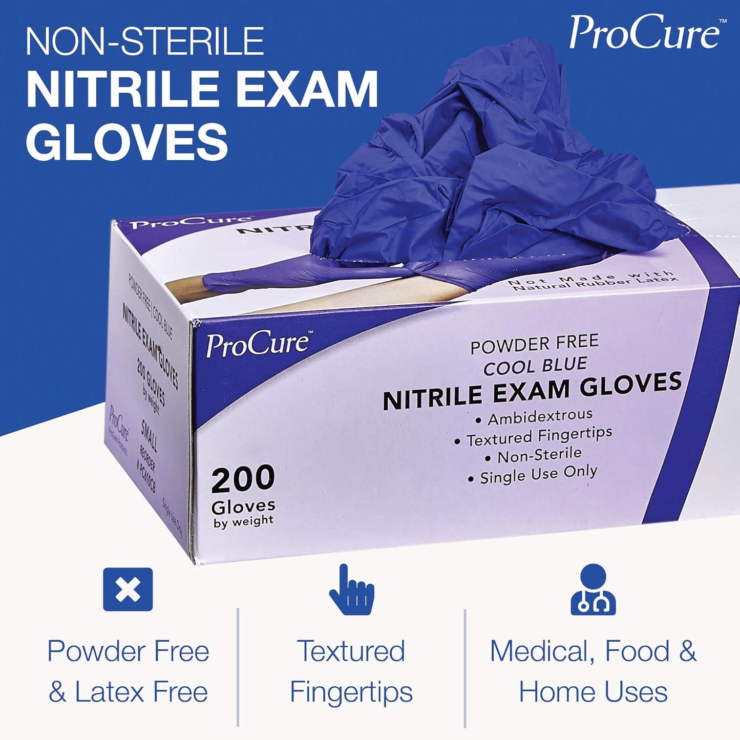 ProCure [200 Count] Disposable Nitrile Gloves - Latex Free, Powder Free Medical Exam Gloves