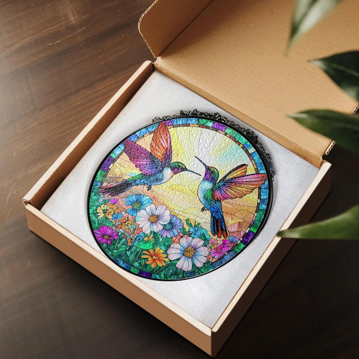 Hummingbird Suncatcher Stained Glass Window Hanging Decor, Hummingbird Gifts for Women, Birds Lovers, Spirit Birds Glass Panel Garden Decorations, Birthday Christmas for Mom, Grandma