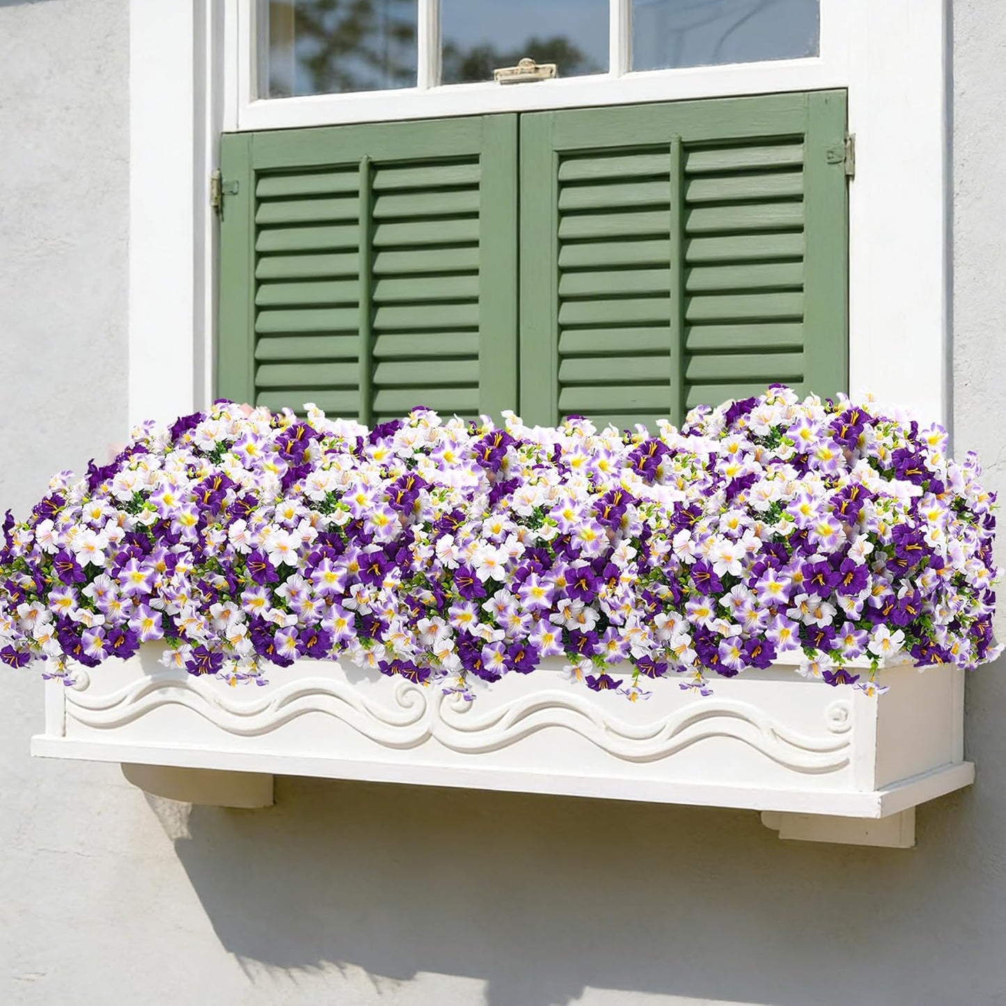 10PCS Outdoor Faux Petunia Flowers UV Resistant Artificial Fake Flowers Greenery Eucalyptus Plants for Spring Summer Garden Patio Window Box Planter Home Decor (Purple White)