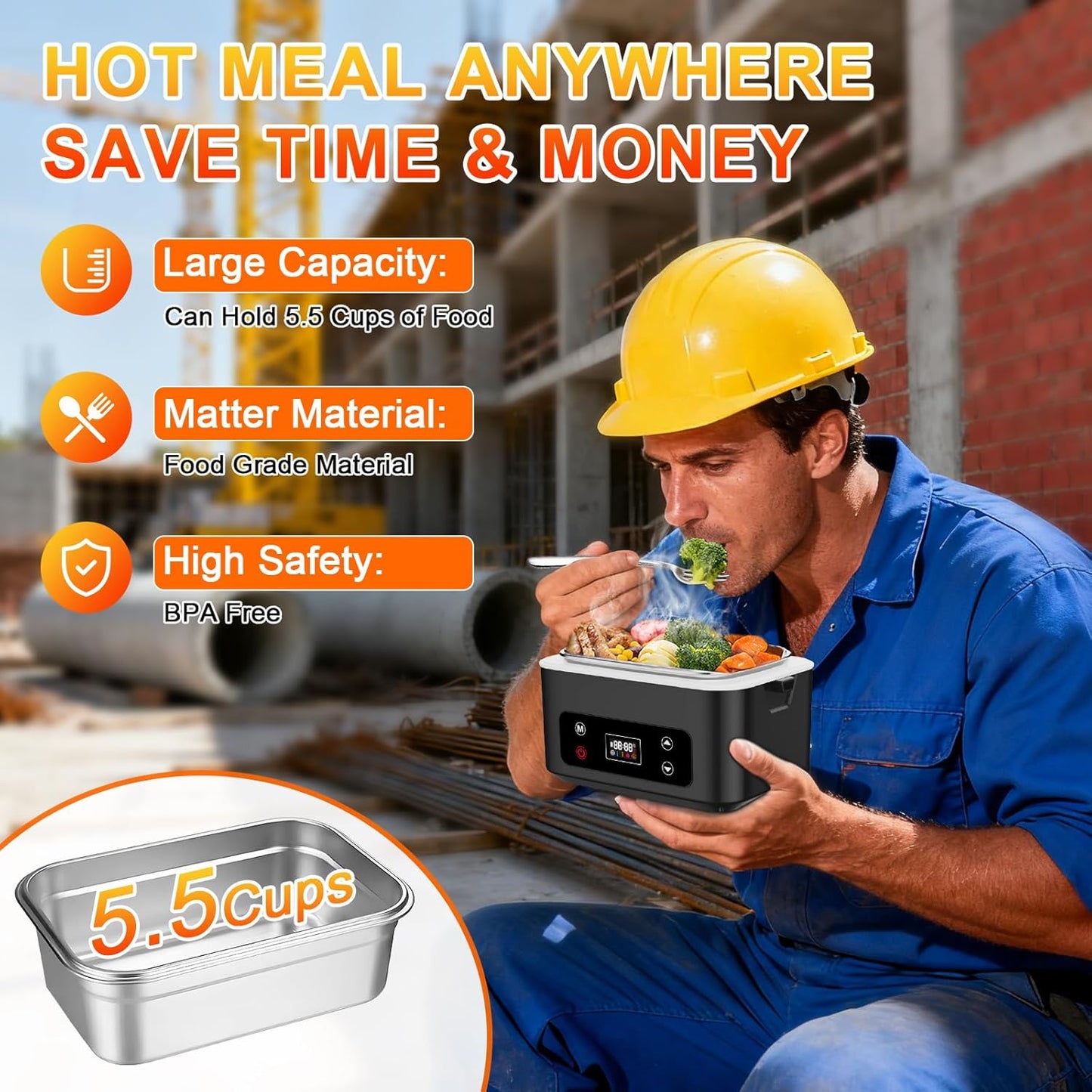 Heated Lunch Box,Electric Lunch Box,Pro 24000mah,Lunch Box Battery Powered, 5.5 Cups Portable Food Heater-3D-5 Side Heating-Intelligent Temperature Control,Suitable For Trucks,Offices(Black/White)