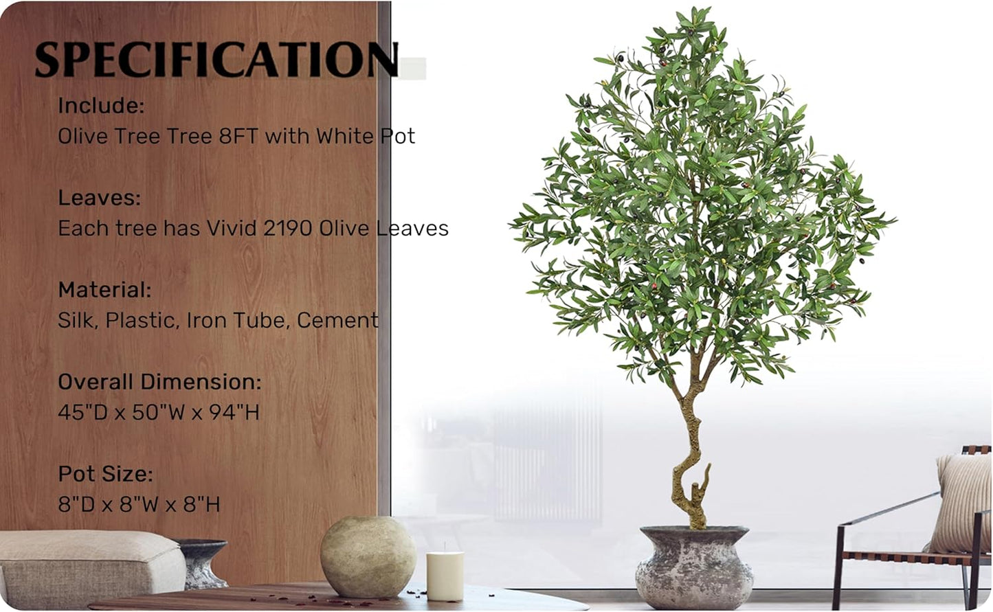 Artificial Olive Tree 8FT with 2190 Leaves & White Planter Realistic Tall Large Fake Faux Silk Plant 94 Inch for Indoor Home Office Porch Mall Restaurant Hotel School Decor Housewarming Gift