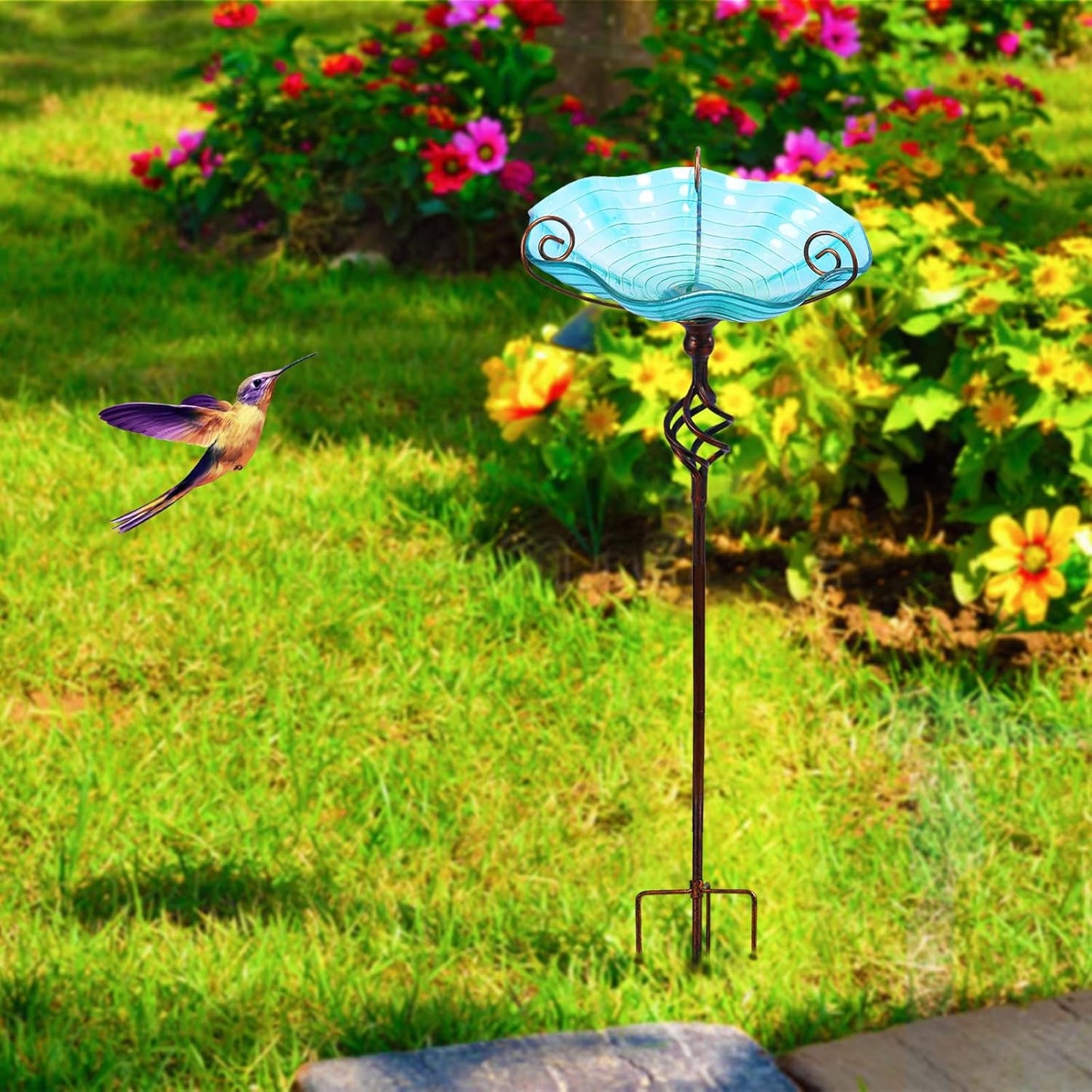 MUMTOP 31 Inch Height Glass Birdbaths, Outdoor Bird Bath Birdfeeder wi
