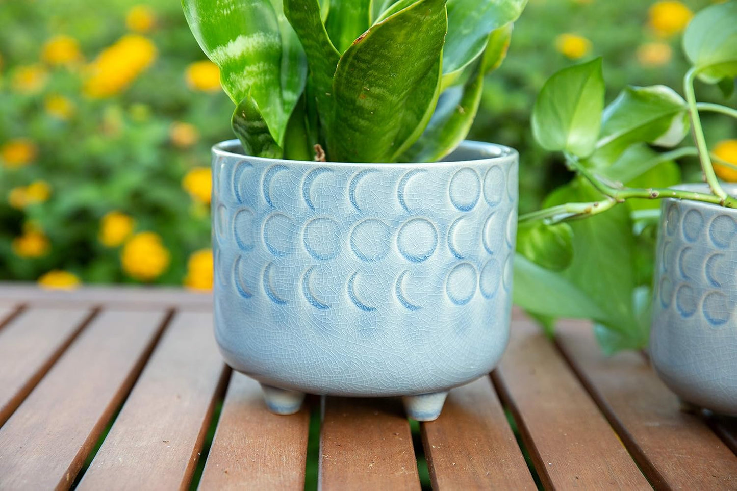 Flora Bunda 6 in & 4.75 in Small Moon Phase Ceramic Footed Planter,Set of 2, Glass Blue