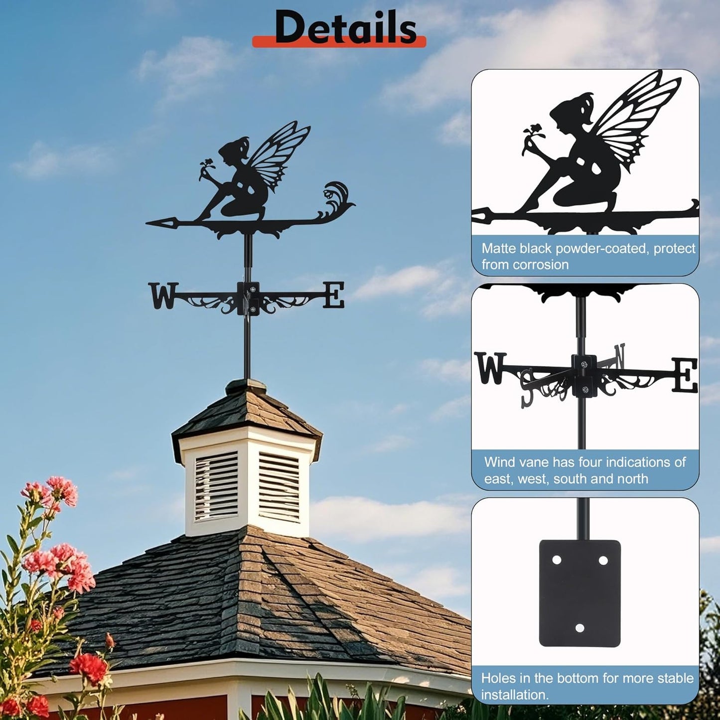 Fairy and Flower Weather Vane, Black Metal Weathervane Roof Mount, Win