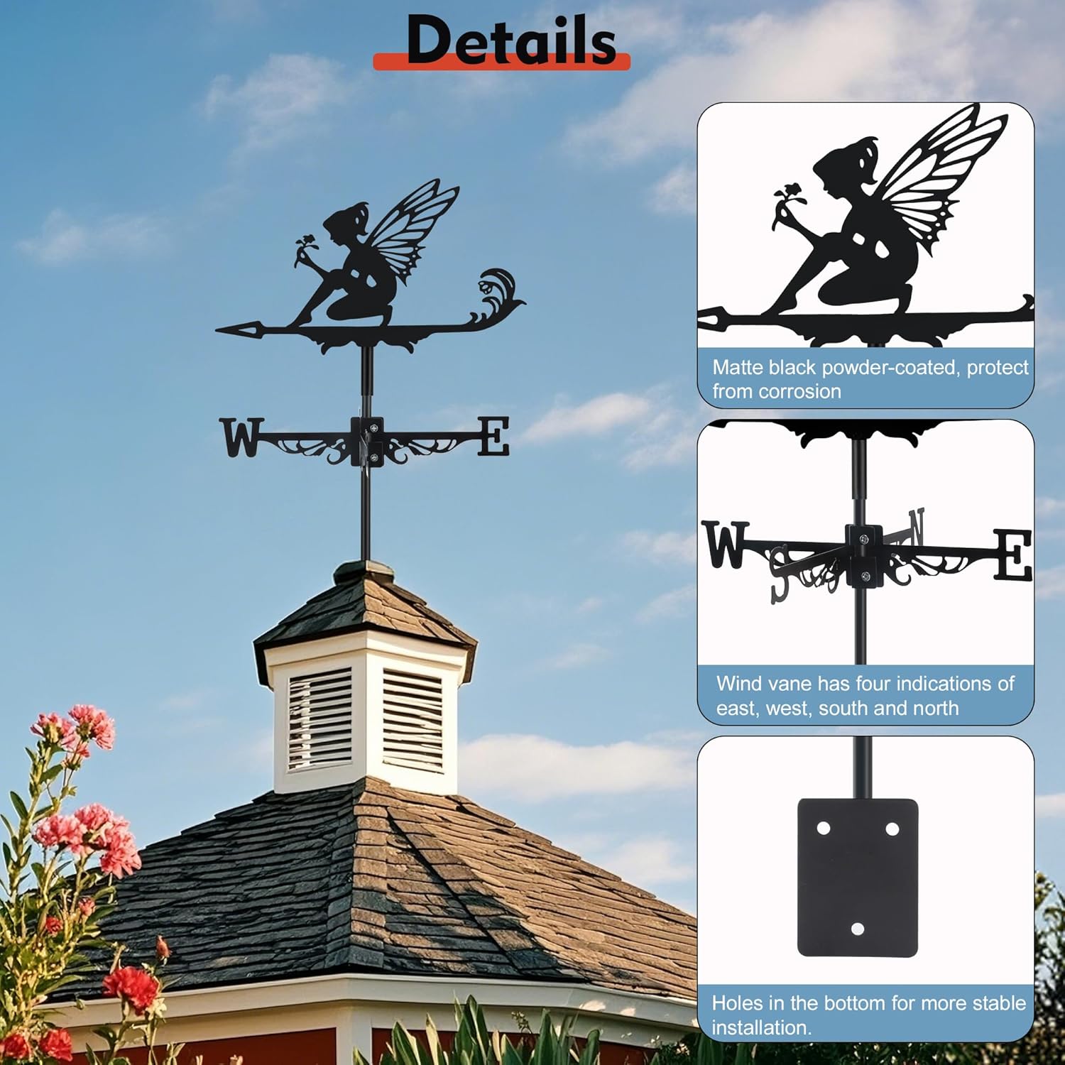 Fairy and Flower Weather Vane, Black Metal Weathervane Roof Mount, Win