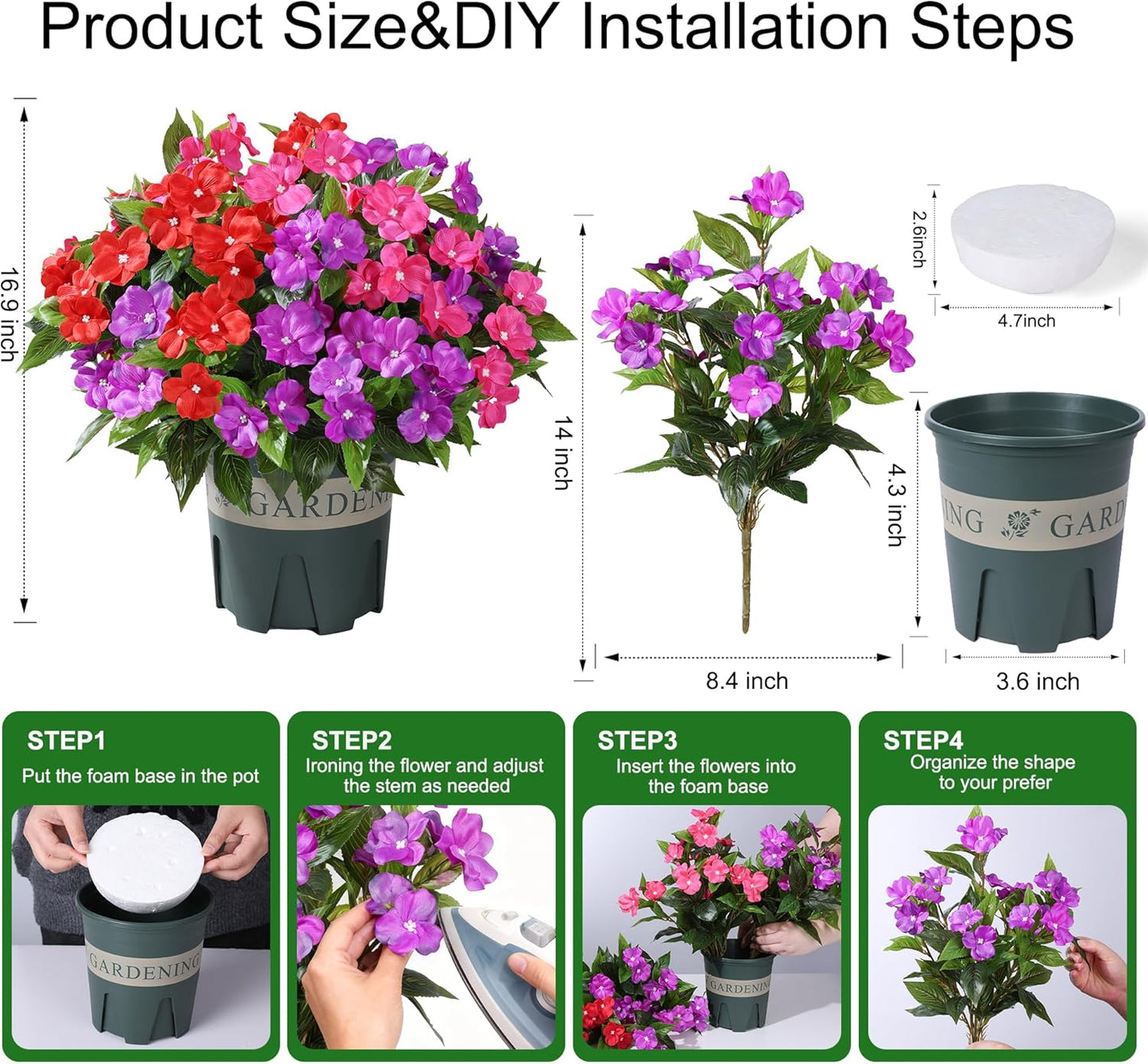 12 Bundles Artificial Impatiens Flowers for Outdoors 20'' Fake Potted Flower 2 Set Quality UV Resistant Realistic Silk Faux Flowers for Outside Balcony Garden Window Box, White