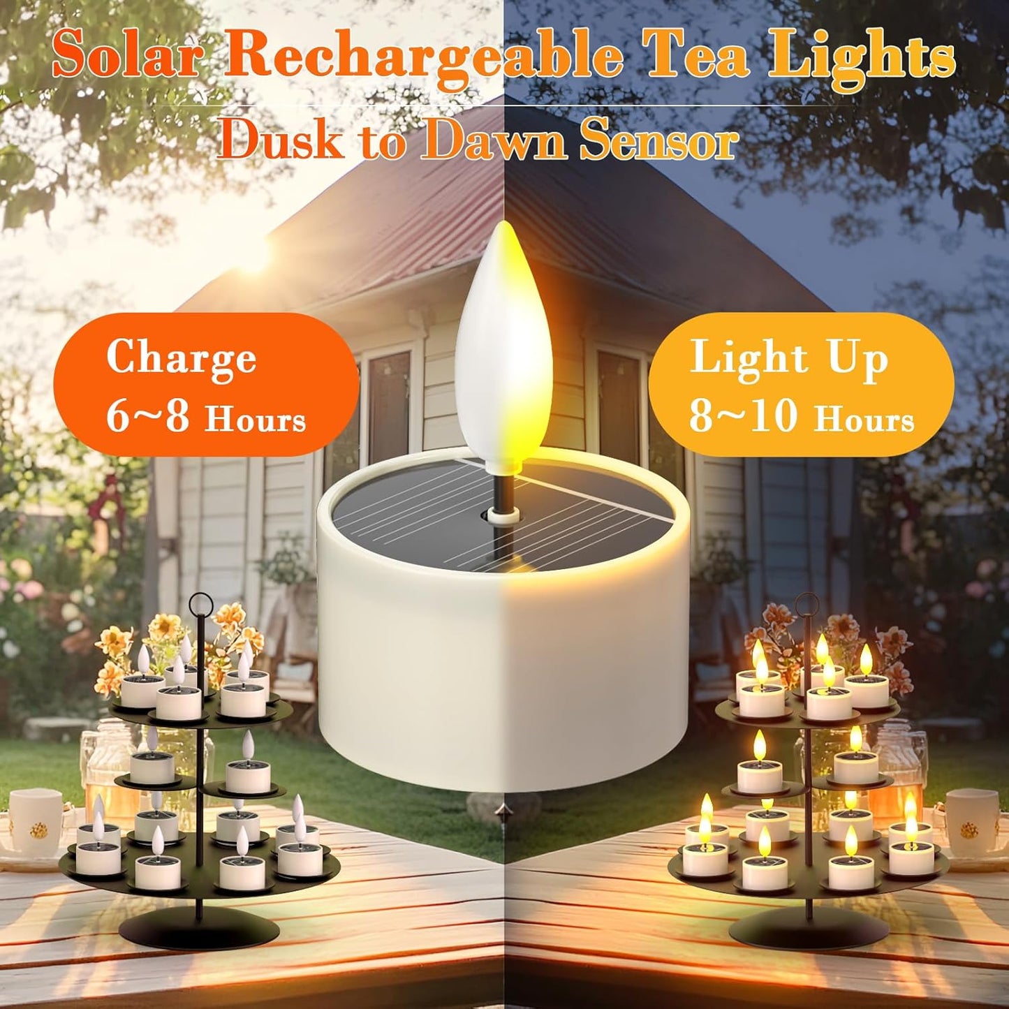 Yme Solar Tea Lights Candles, 12 Pack Small Rechargeable Battery Operated LED Flickering Flameless Tealight Candles with Dusk to Dawn Sensor for Outdoor Waterproof Garden Patio Yard Party Decor