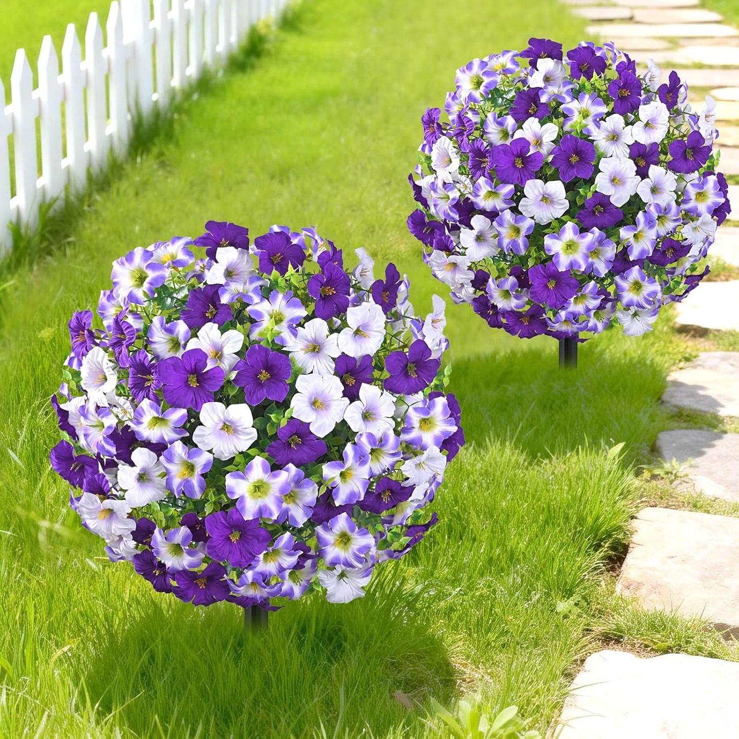 23" Artificial Boxwood Topiary Ball Trees with Petunias Flowers, Set of 2 Faux Outdoor Plants with Ground Spike for Outdoors, UV Resistant Fake Flowers for Outdoor Garden Yard Front Porch Patio Decor