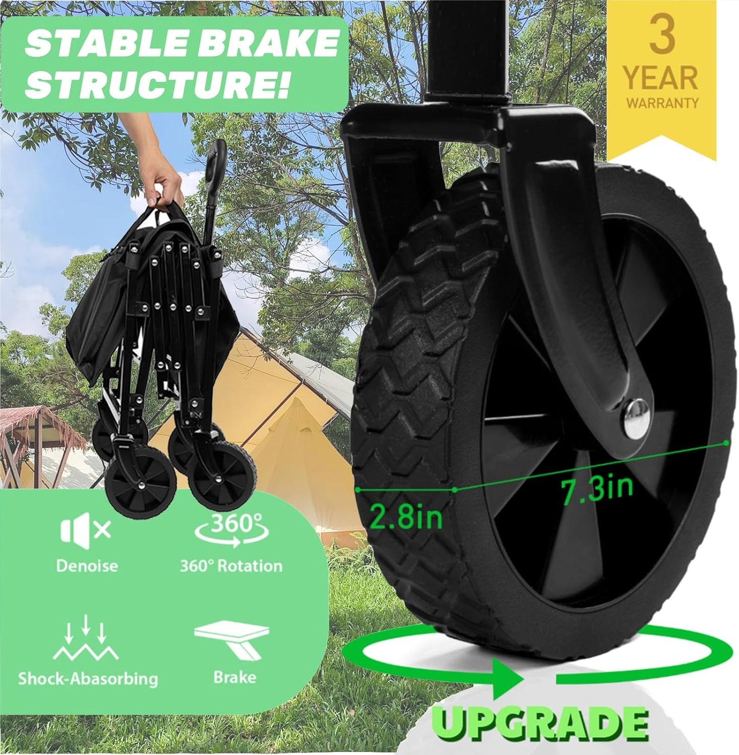 Collapsible Foldable Camping Cart, 200lbs Foldable Wagon Cart with Wheels, 150L Shopping Cart for Groceries Folding Utility Wagon for Beach, Garden, Camping, Sport, Black