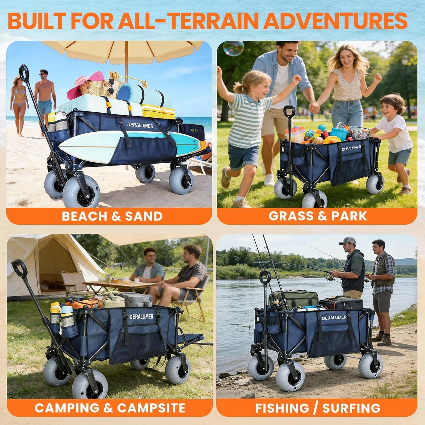 X900 Beach Wagon with 9×4" Big Balloon Wheels for Sand, 48" Heavy Duty Folding Wagon with Expandable Tailgate & Side Bag, Collapsible Utility Cart for Beach, Camping, Fishing (Navy Blue)