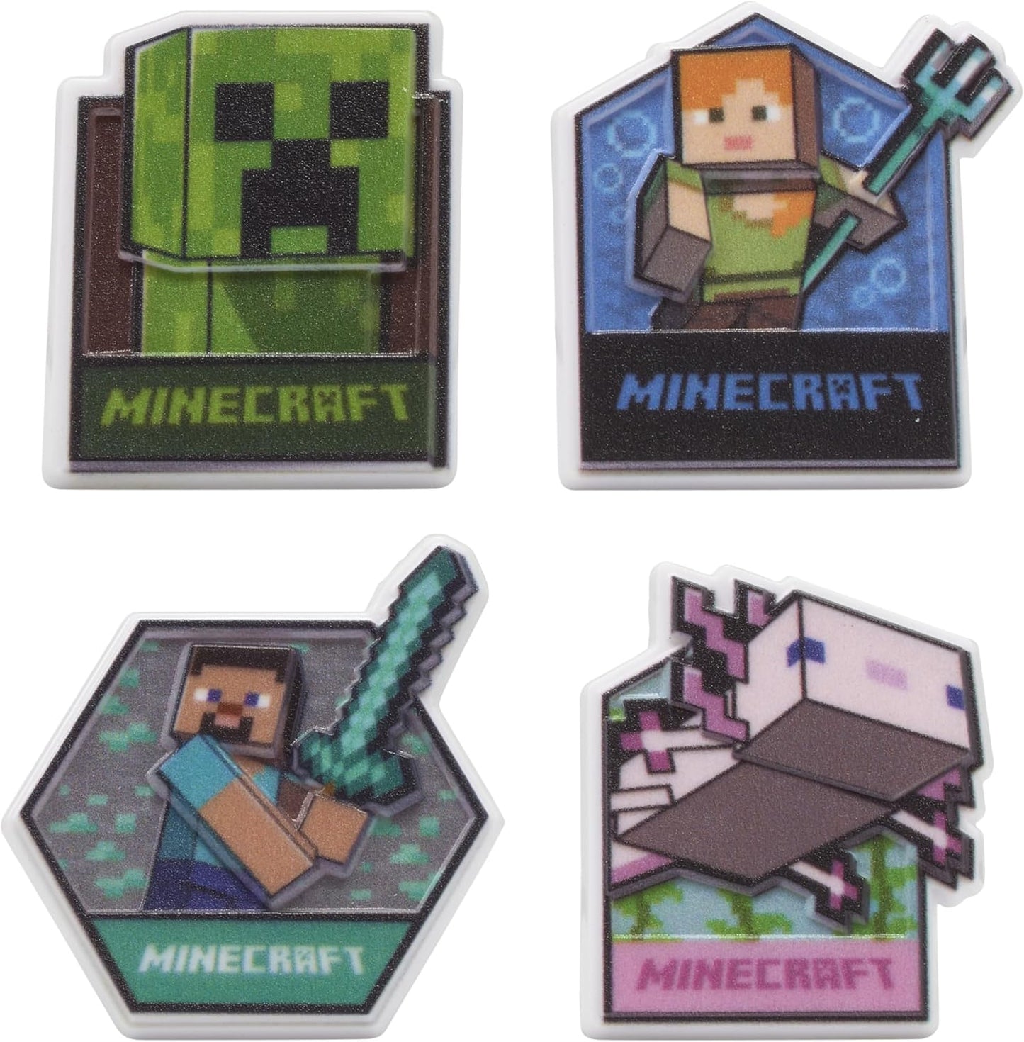 DecoPac Minecraft Lush Finds Rings, Cupcake Decorations Featuring Creeper, Alex, Steve and Axolotl! Multicolored 3D Food Safe Cake Toppers – 24 Pack