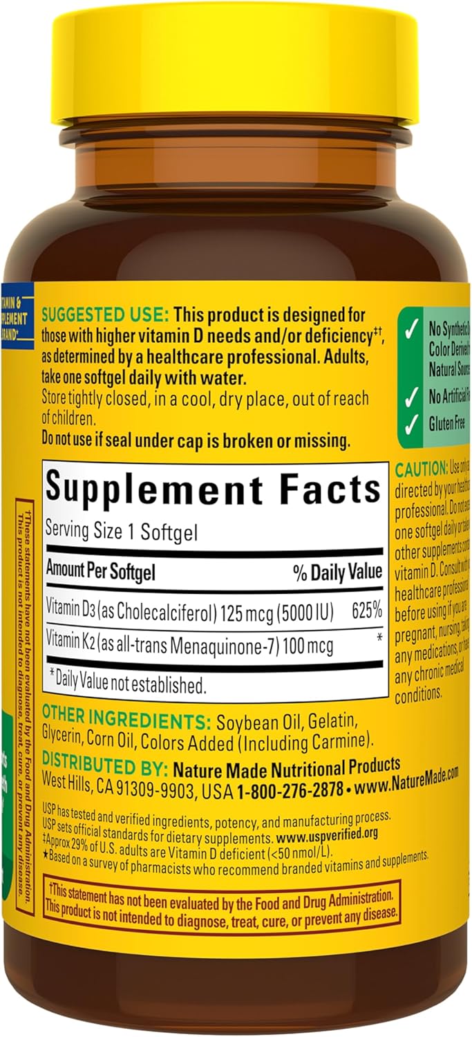 Nature Made Vitamin D3 K2 Supplement, 5000 IU (125 mcg) Vitamin D for 