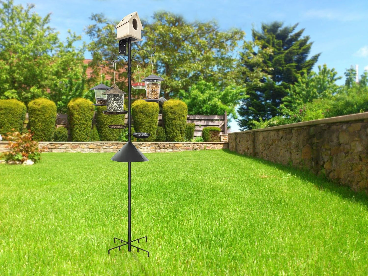 eWonLife 92 Inch Squirrel Proof Bird Feeder Pole with 9 Prongs Base, 1 Inch Dia Bird House Pole, Heavy Duty Bird Feeder Stand, Adjustable Shepherds Hooks for Outdoor with Squirrel Baffle Birdbath Tray