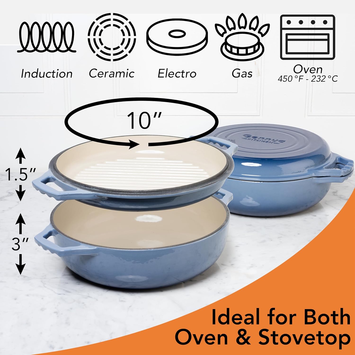 2-in-1 Enameled Cast Iron Braiser Pan with Grill Lid - 3.3-Quart Small