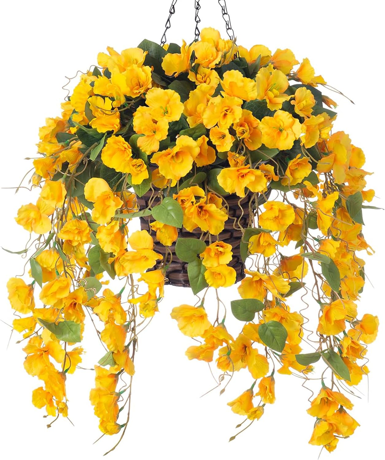 HyeFlora Artificial Hanging Flower Baskets for Spring Decoration, Outdoor Fake Plant Faux Silk Hibiscus Long Vines in Planter UV Resistant Realistic Flowers for Outside Porch Patio Home Decor, Yellow