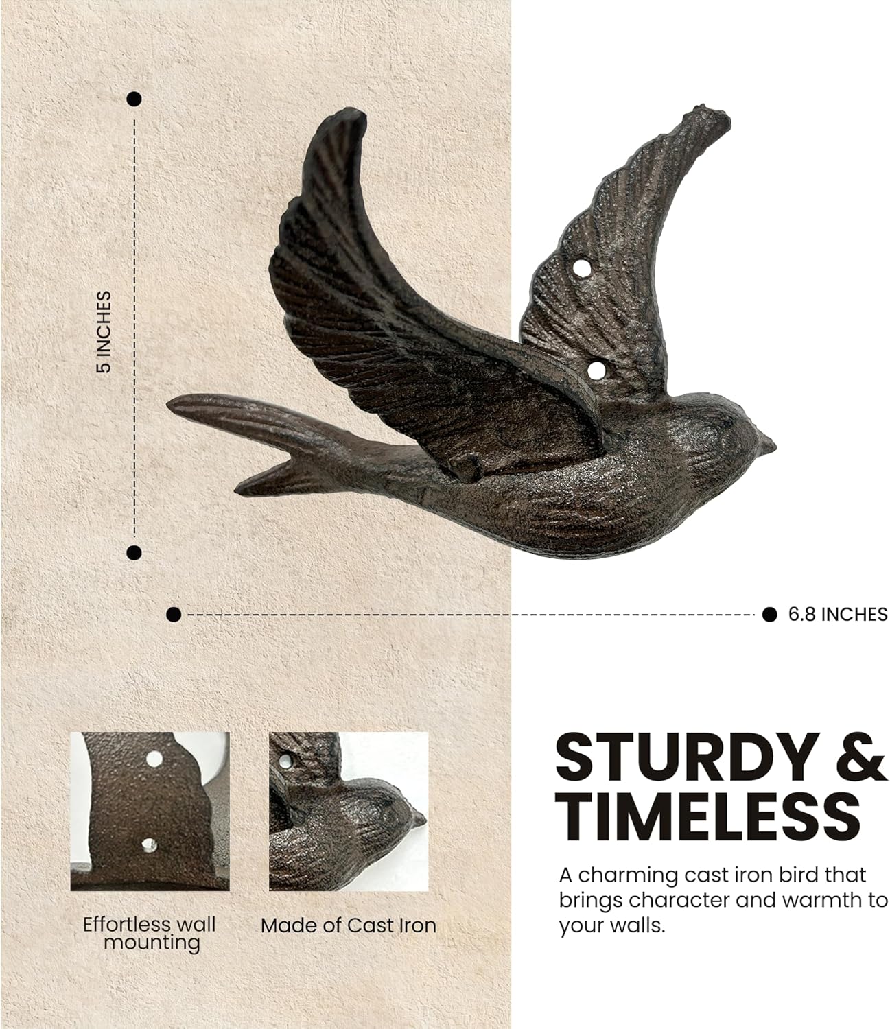 Cast Iron Flying Bird Wall Hooks (Set of 6) – Heavy-Duty Rustic Hooks 