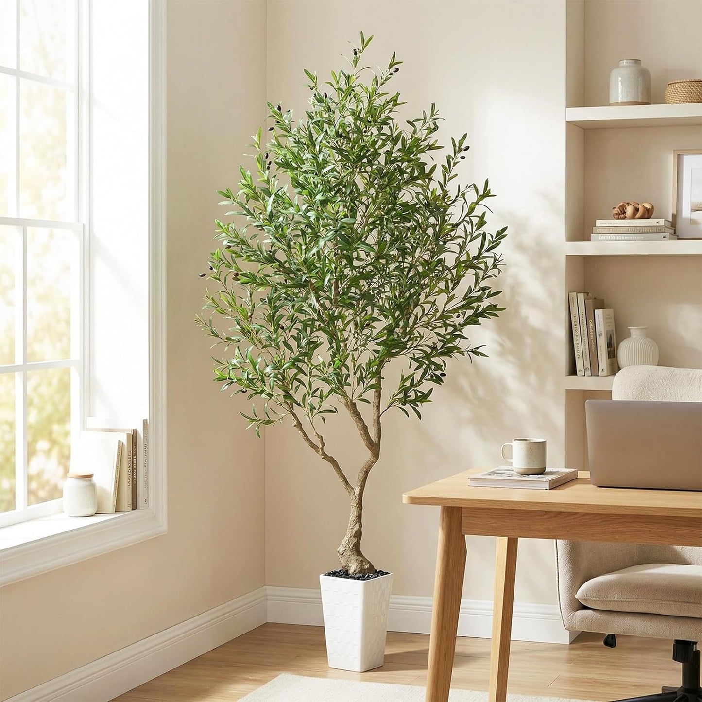 Artificial Olive Tree, 8FT Tall Faux Olive Trees with White Tall Planter & Pebbles, Fake Silk Plant with Natural Trunk & Lifelike Fruits, Fake Tree for Home Office Living Room Indoor Outdoor Decor