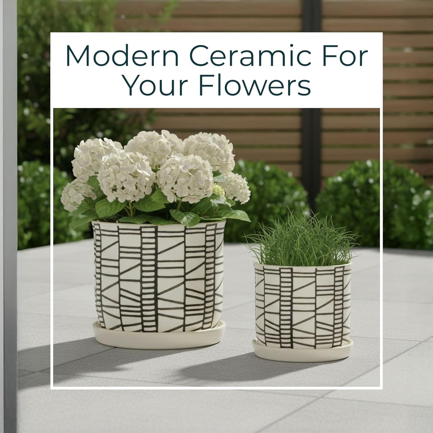 Set of 2 Geometric Decorative Ceramic Planter Pots with Saucer – Stone