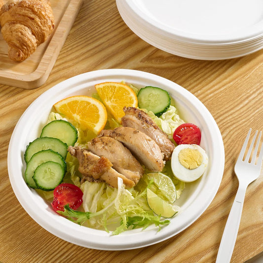 Vplus 150 Pack Paper Plates 9 inch 100% Compostable, Heavy-Duty Disposable Paper Plates Bagasse Natural Biodegradable Eco-Friendly Sugarcane（White）