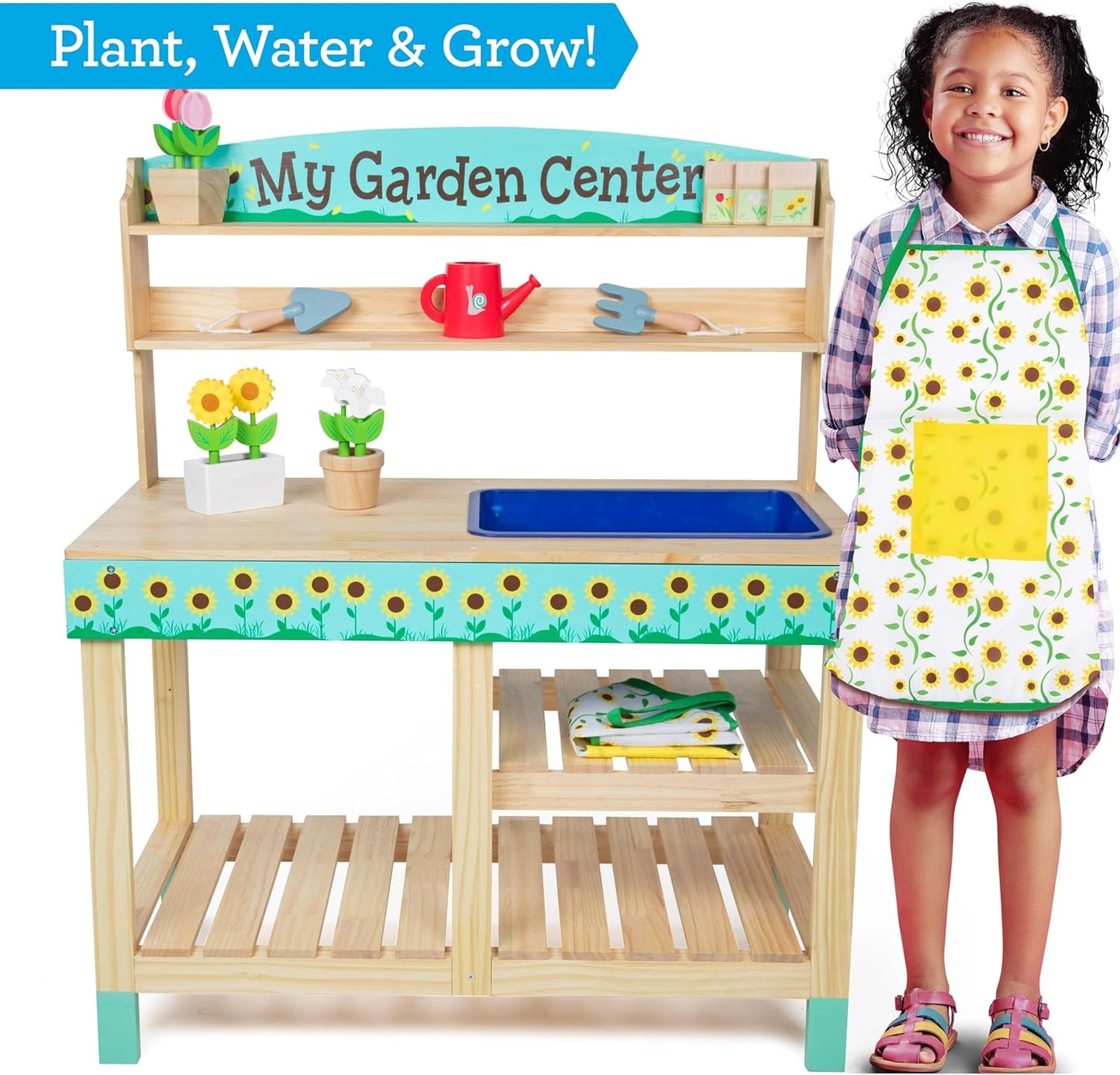 Bloom & Grow Gardening Center Wooden Toy Indoor Playset- Kids Easter Gift- 22 Pc Garden Stand Set w Flowers, Seed Packet, Pots Shovel Rake Apron Watering Pot- Interactive Fun Pretend Playtime Activity