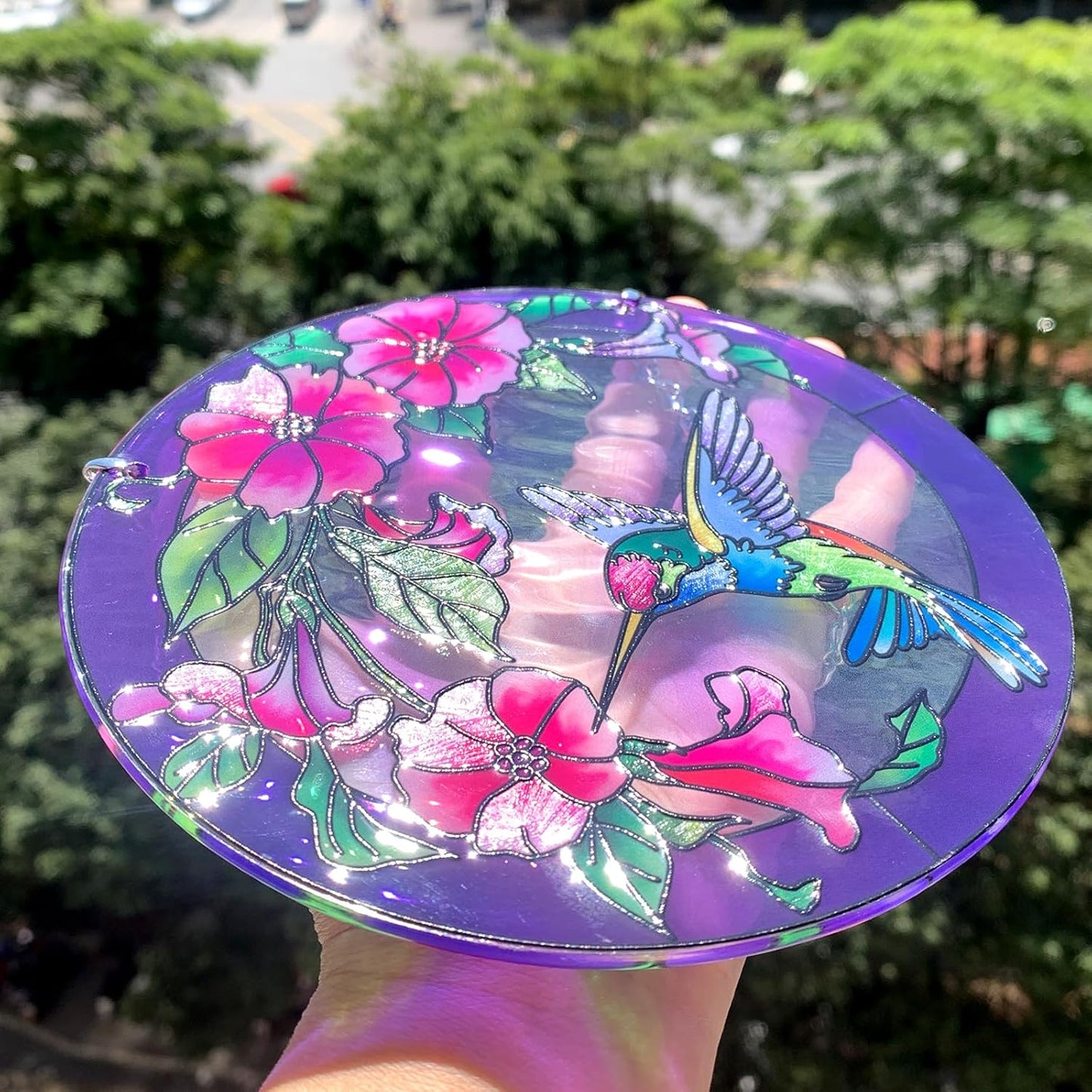 Stained Glass Window Hanging, Hummingbird Gifts for Women, Bird and Flowers Suncatcher for Window, 6" Purple Sun Catchers, Hand Painted Glass for Birds Lover (6 inch)