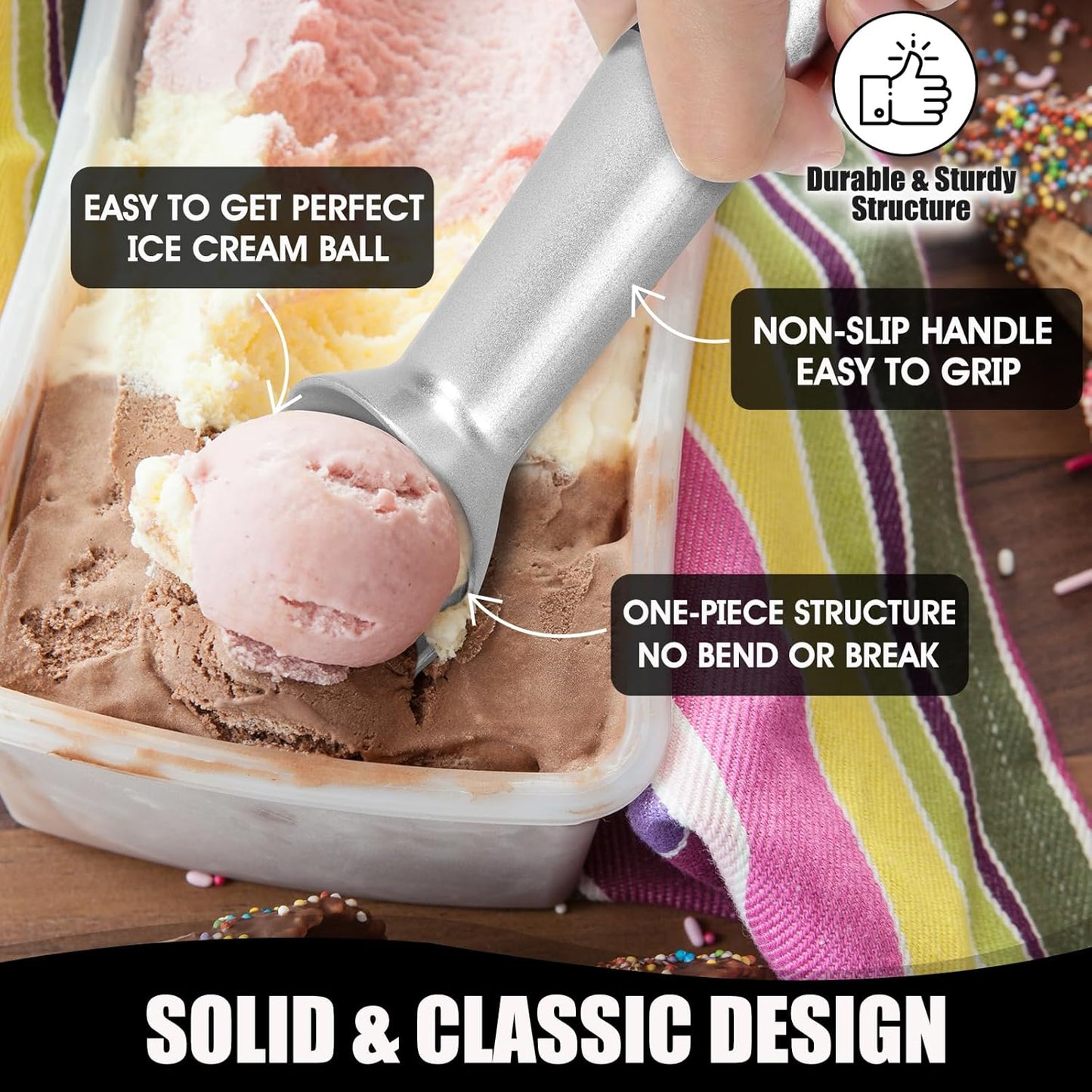 7 inch Ice Cream Scoop - One-Piece Nonstick Aluminum Ice Cream Scooper - Professional Metal Ice Cream Spoon - Durable, Easy to Use & Clean - Lightweight Cookie Spoon - Scoop Ice Cream (Sliver)