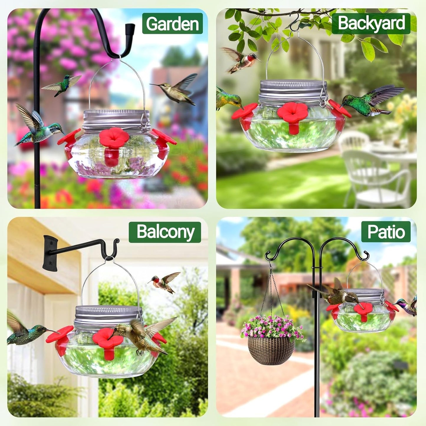 Glass Hummingbird Feeders for Outdoors Hanging, Cute Mason Jar Shape with 4 Silicone Flower Feeding Ports, Top Fill Leak Proof Easy to Clean and Refill, Humming Bird Feeder for Outside Garden