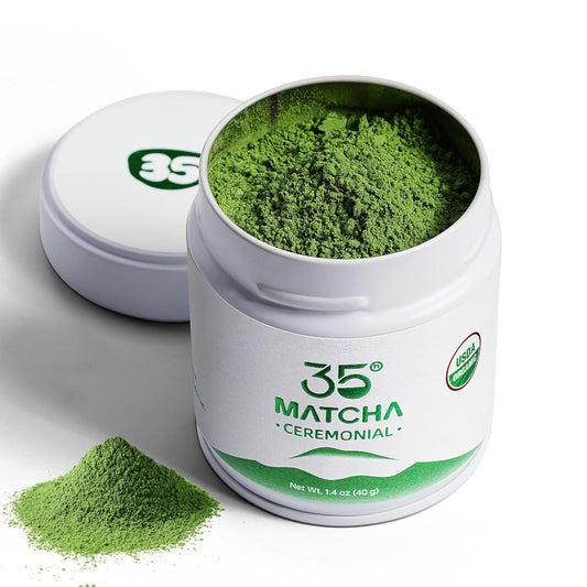 35°N MATCHA Organic Ceremonial Grade Matcha Powder, USDA Certified, 100% Pure Green Tea, First Harvest, No Additives, High in Antioxidants, L-Theanine & EGCG, Smooth Taste for Lattes & Baking, 1.4oz (40g)