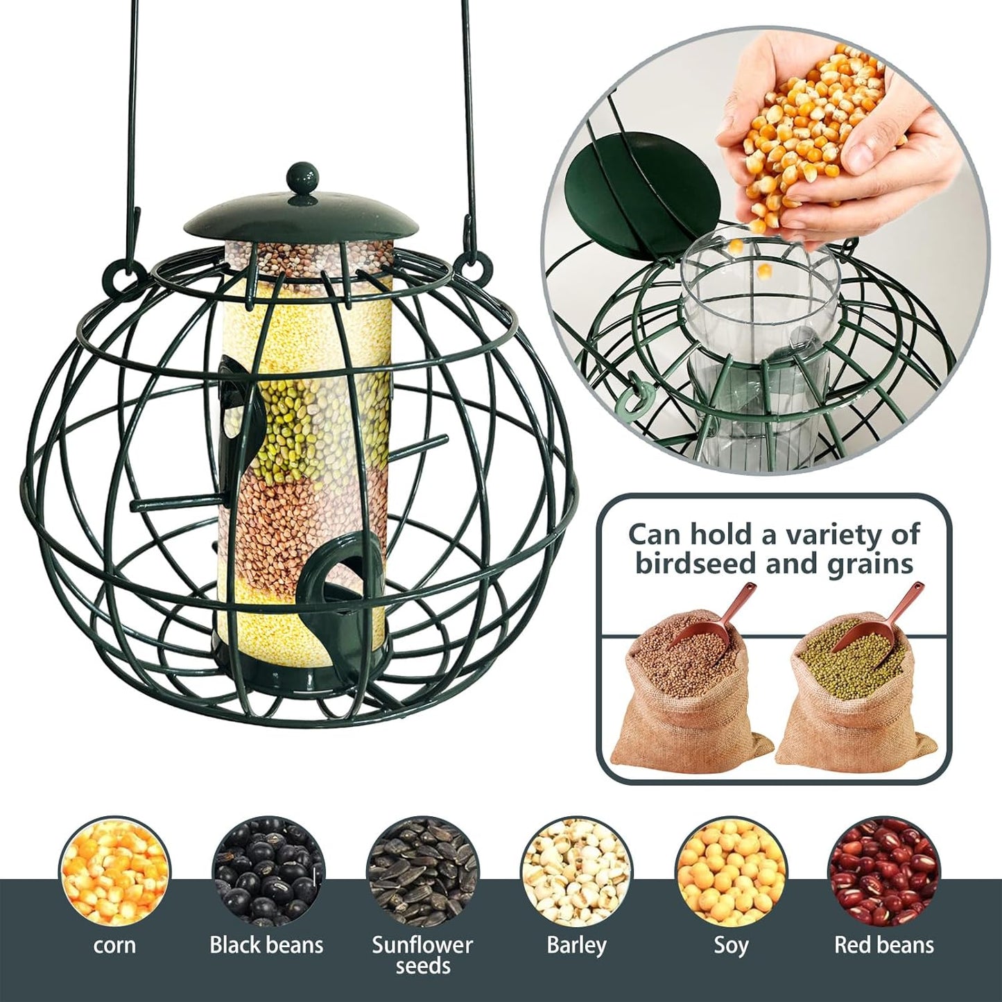 Squirrel Proof Bird Feeder - Outdoor Hanging Wild Bird Feeder, Large Capacity Weatherproof Tube Feeder with Base Tray, Finch Birdfeeder, Green