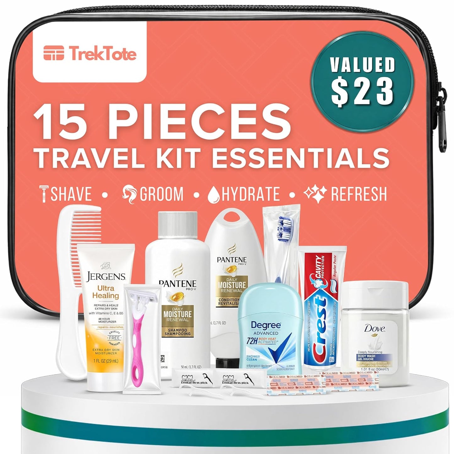 TrekTote 15 Piece Set Women’s Travel & Hygiene Kit with Clear Toiletry