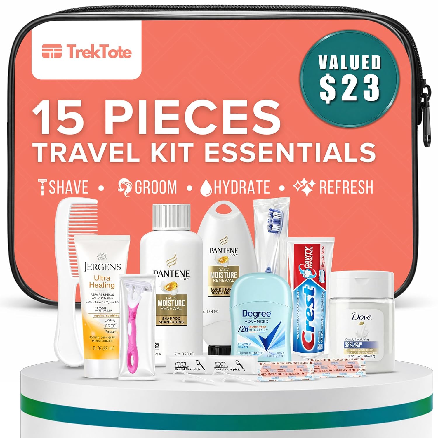 TrekTote 15 Piece Set Women’s Travel & Hygiene Kit with Clear Toiletry