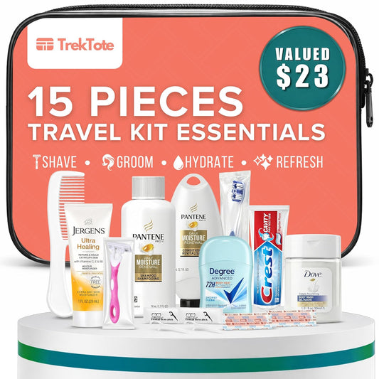 TrekTote 15 Piece Set Women’s Travel & Hygiene Kit with Clear Toiletry