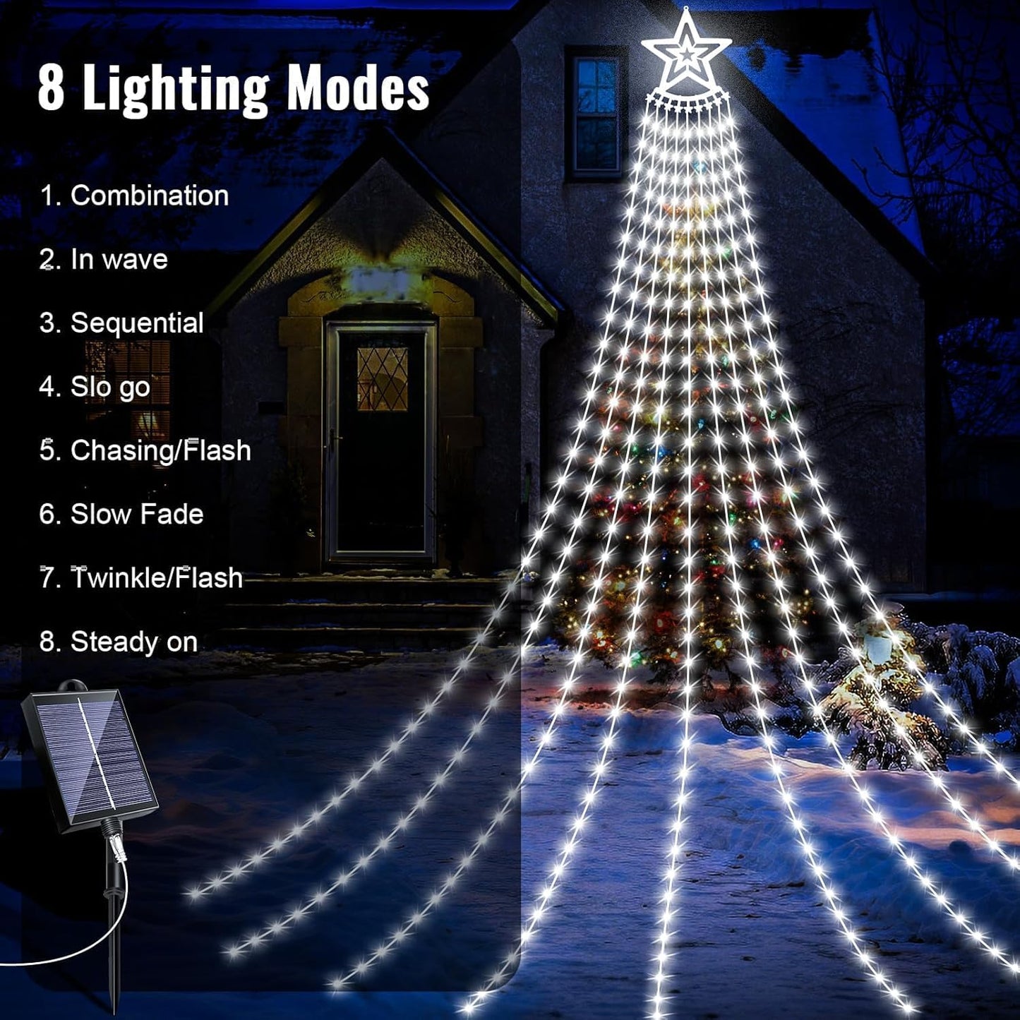 HELESIN Solar Outdoor Christmas Decorations Lights, 350LED Christmas Star Tree Light wth Remote Control, 8 Modes Waterfall Lights USB Charge for Holiday Xmas Tree Patio Yard Decor, Cold White