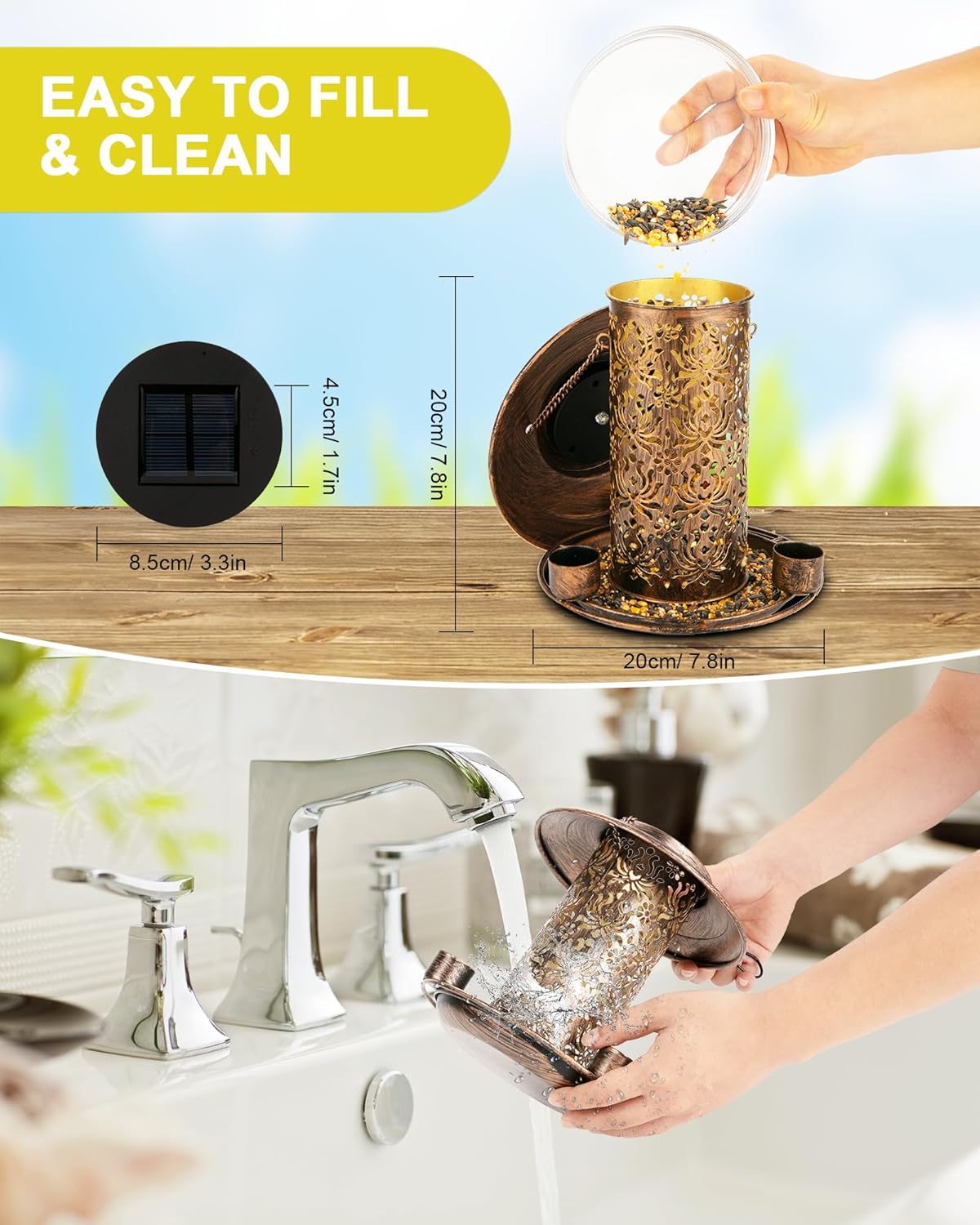 Solar Bird Feeders for Outdoors, Metal Hanging Bird Feeder with 3 Water Cups,Rust Resistant, Solar Garden Lantern for Outdoors Decor,The Perfect Choice for Gift(2.5LB)
