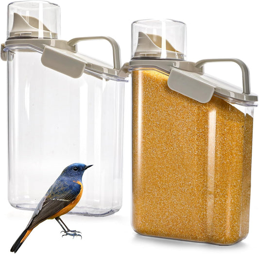DEAYOU 2 Pack Bird Seed Storage Container, 3 Qt/2.8 L Airtight Cereal Storage Bin with Pour Spout and Measuring Cup, BPA Free Plastic Water Pitcher with Handle for Rice, Grain, Flour, Pet Food