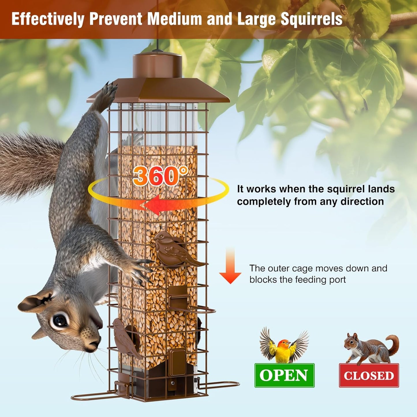 Squirrel-Proof Metal Bird Feeder with Removable Base, Weight-Activated Cage, Easy to Clean, Sturdy & Rust-Resistant, 3 lb Capacity, Outdoor Hanging Tube Bird Feeder for Cardinals & Finches