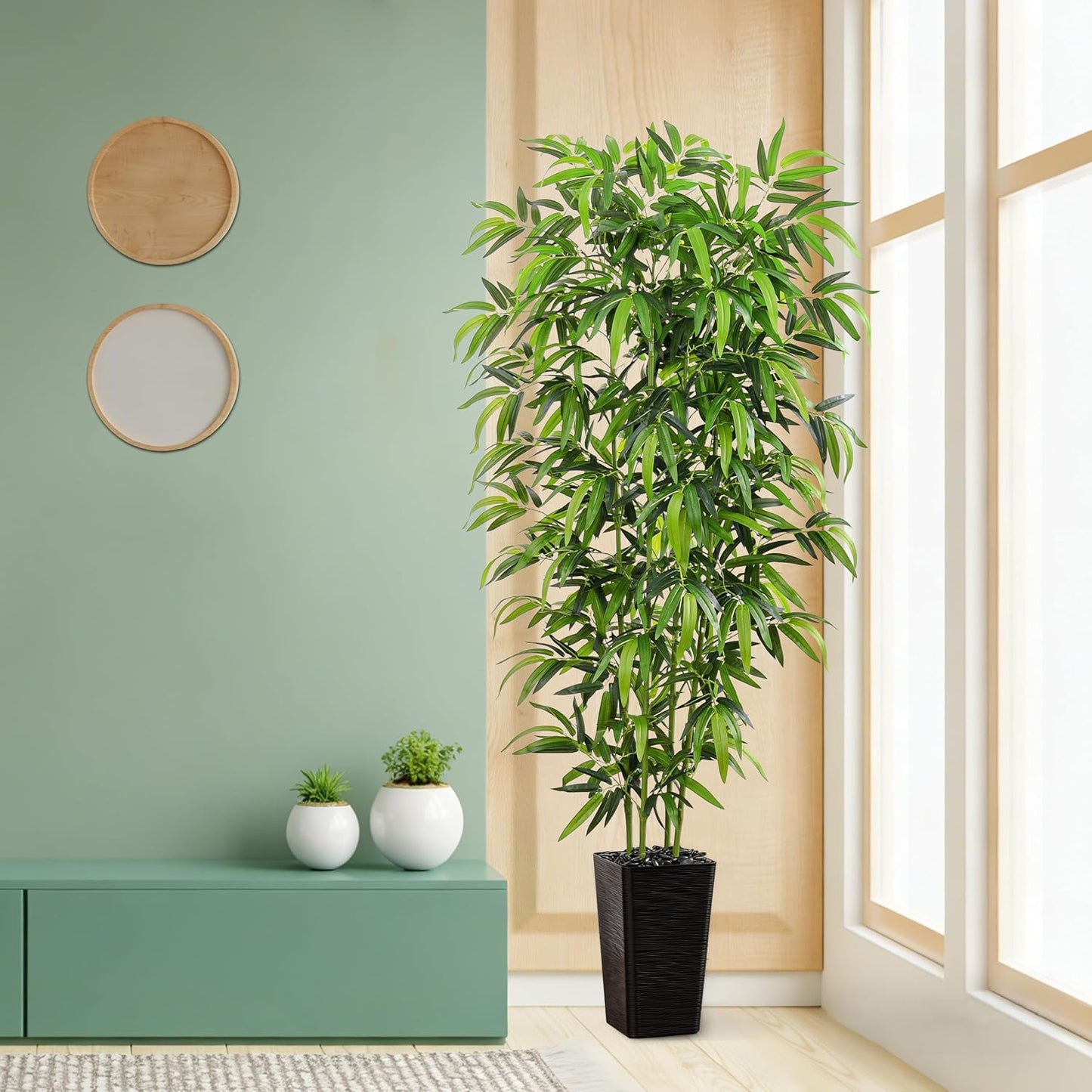 Artificial Bamboo Tree, 6FT Fake Plants Faux Bamboo Plant with Black Square Planter, Artificial Trees Faux Silk Plant with 3 Trunks & Green Lush Leaves for Home Office Indoor Outdoor Decor