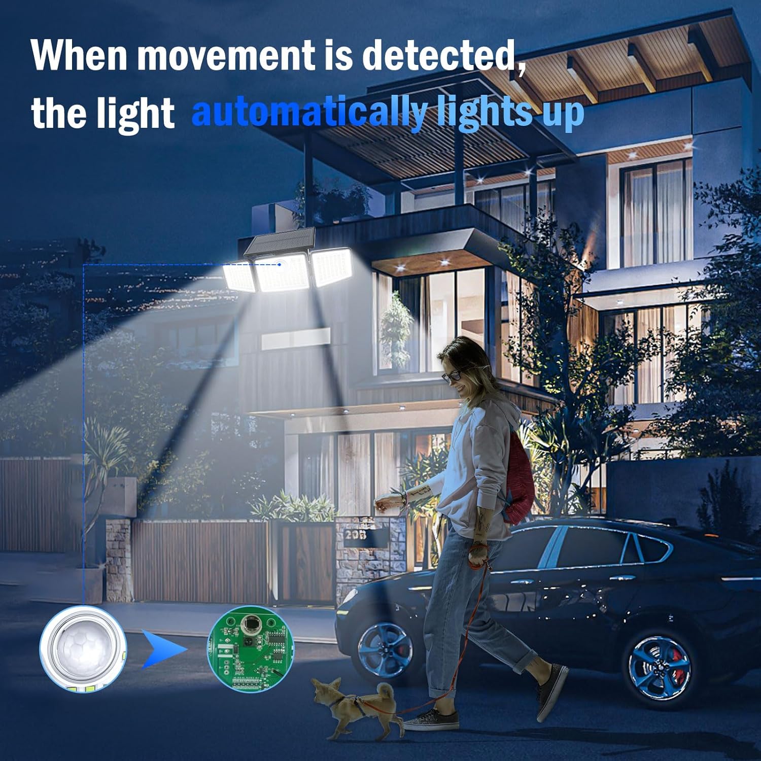 2500LM Solar Lights Outdoor with Motion Sensor,3 Head 270° Wide Angle 