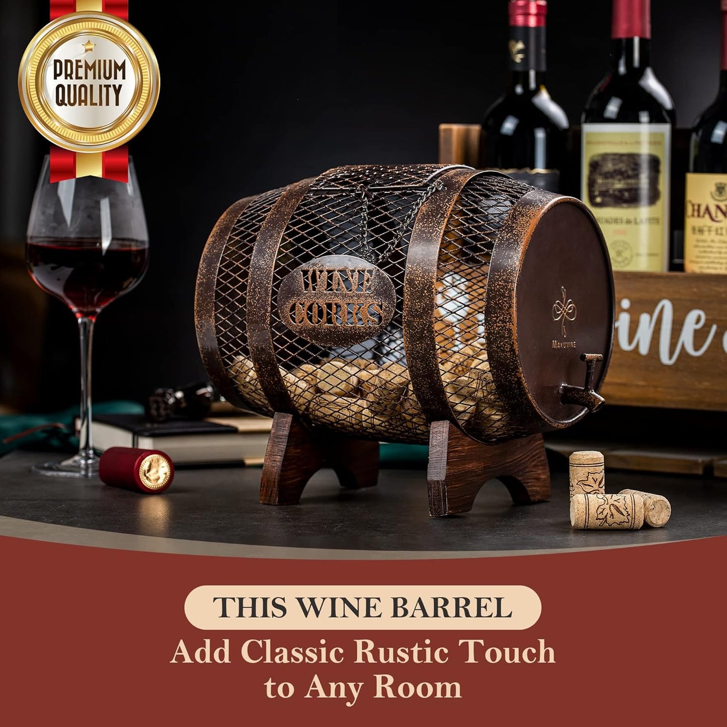 Rustic Metal Large Barrel Wine Cork Holder Display On Wooden Stand, Co