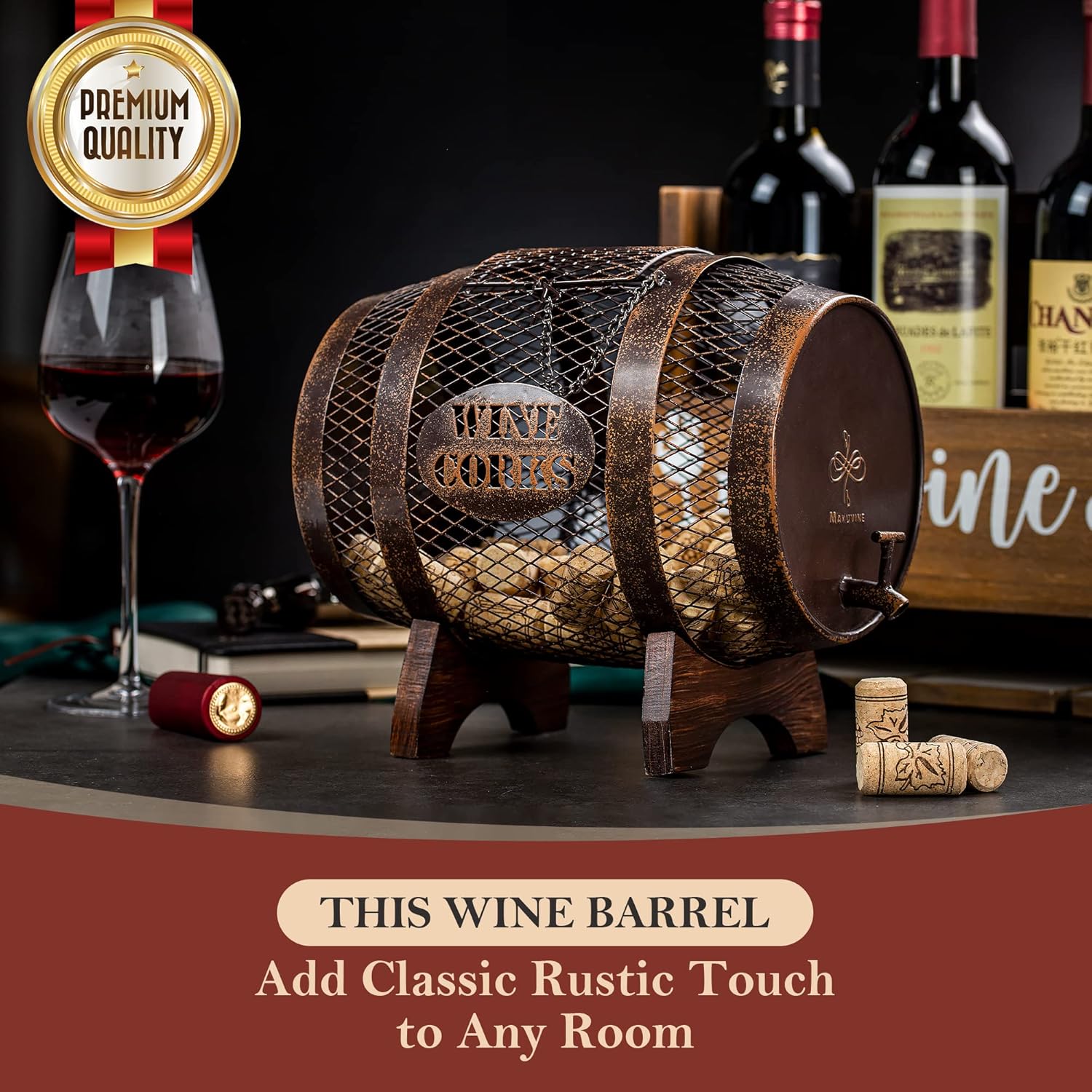 Rustic Metal Large Barrel Wine Cork Holder Display On Wooden Stand, Co