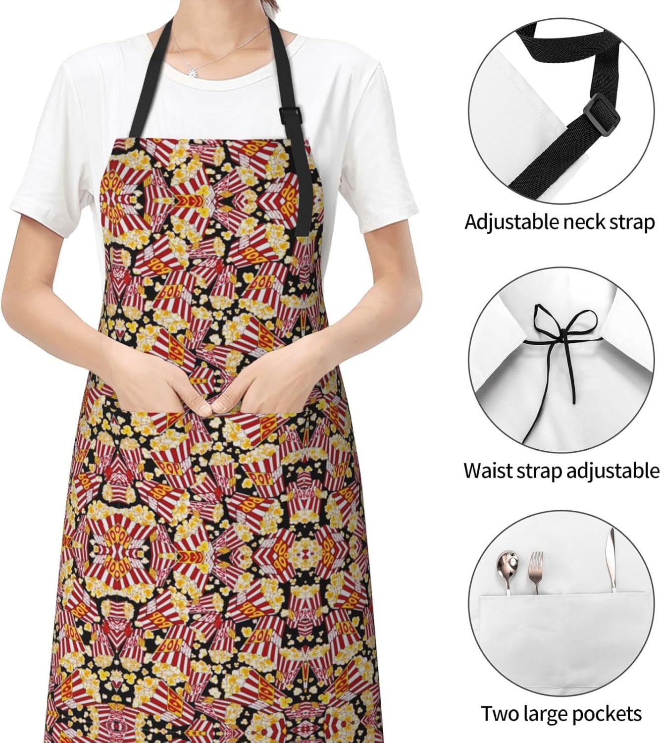 Popcorn Print Print 28x33 In Adult Kitchen Apron with Pockets Versatile Chef Smock for Cooking Baking